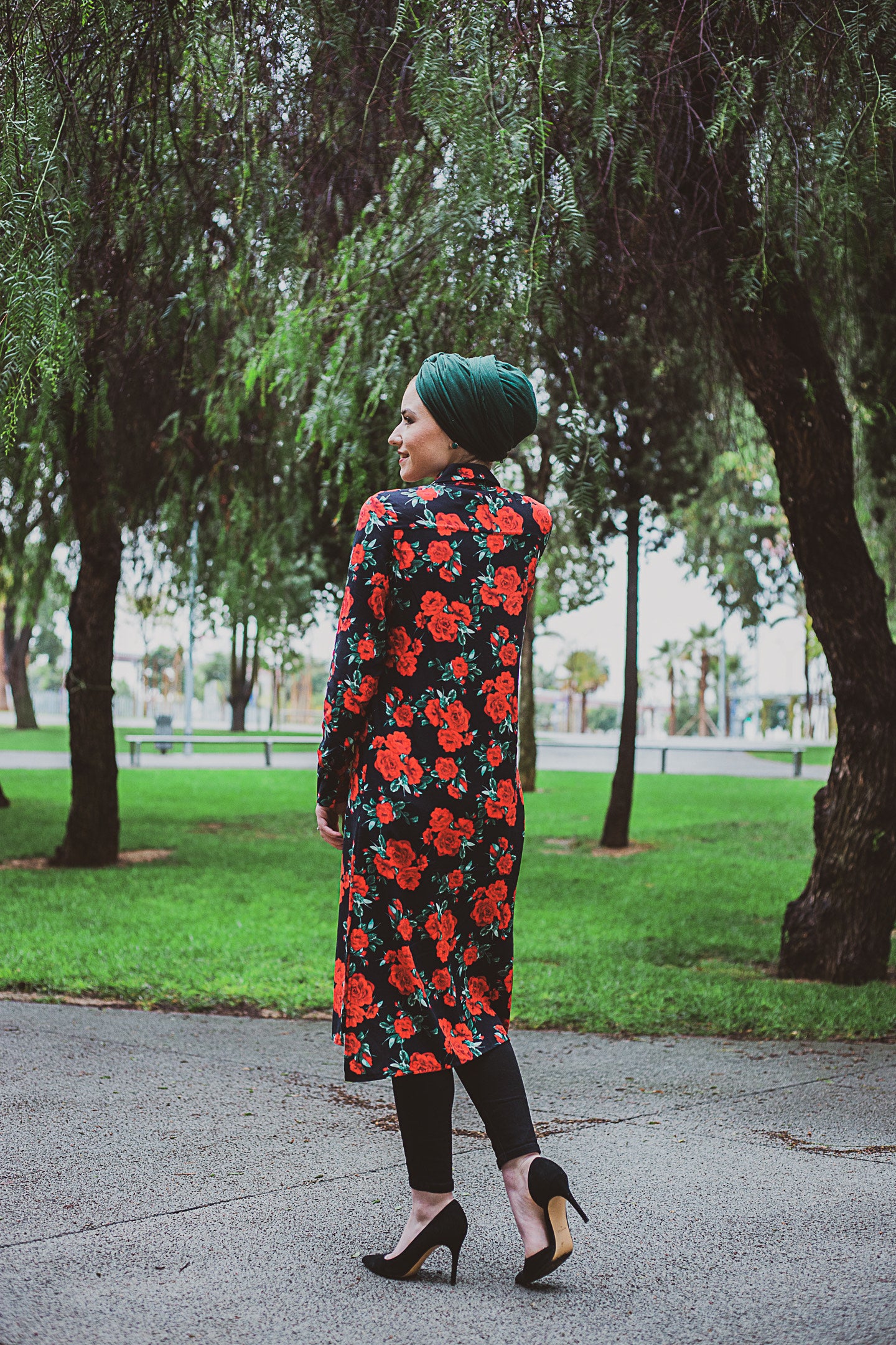 Niswa Fashion -Rhinestone Midi Dress - Crimson Floral (XS, S, M) - Modest Tops - Niswa Fashion - Third Culture Boutique