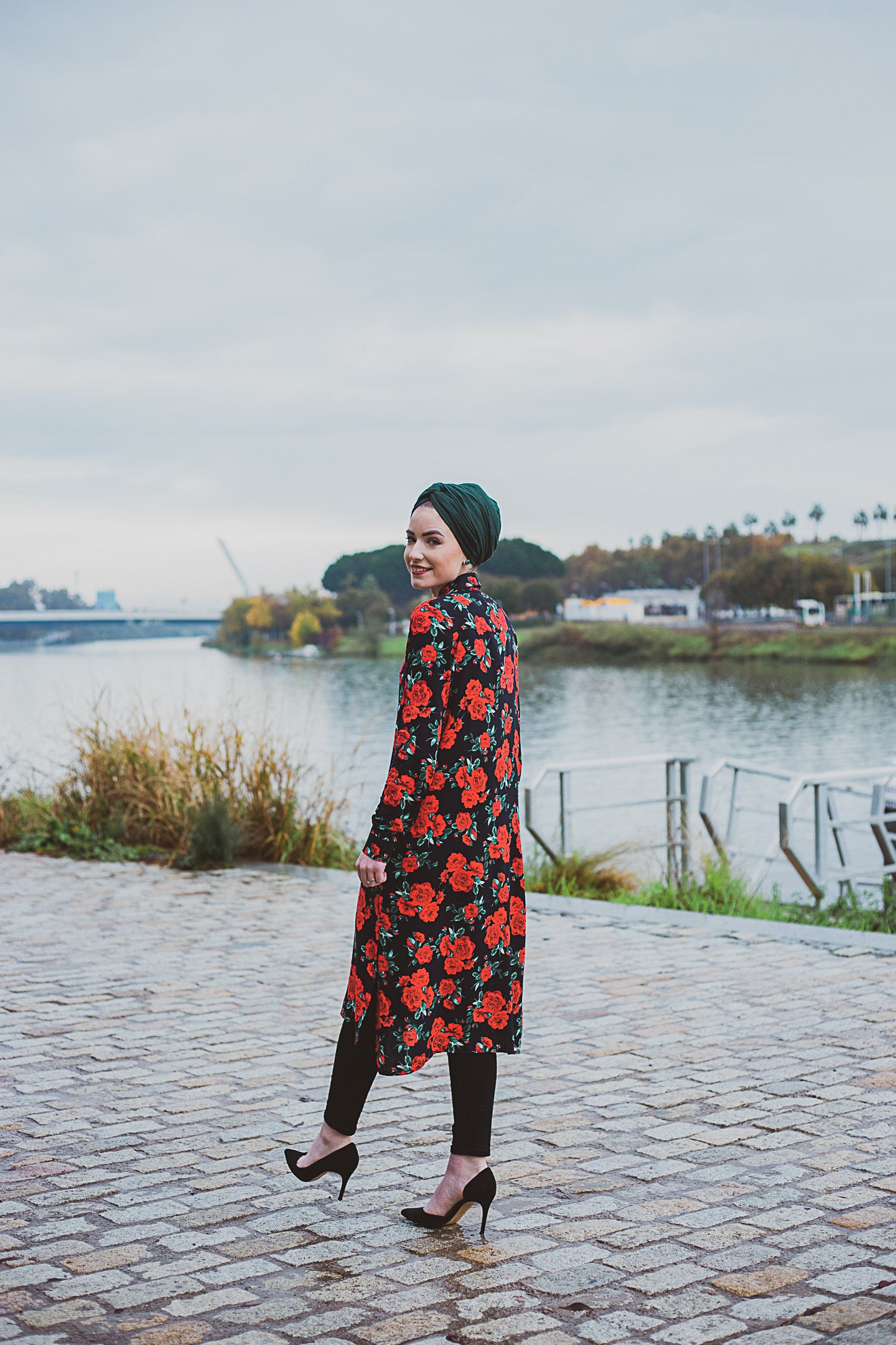 Niswa Fashion -Rhinestone Midi Dress - Crimson Floral (XS, S, M) - Modest Tops - Niswa Fashion - Third Culture Boutique