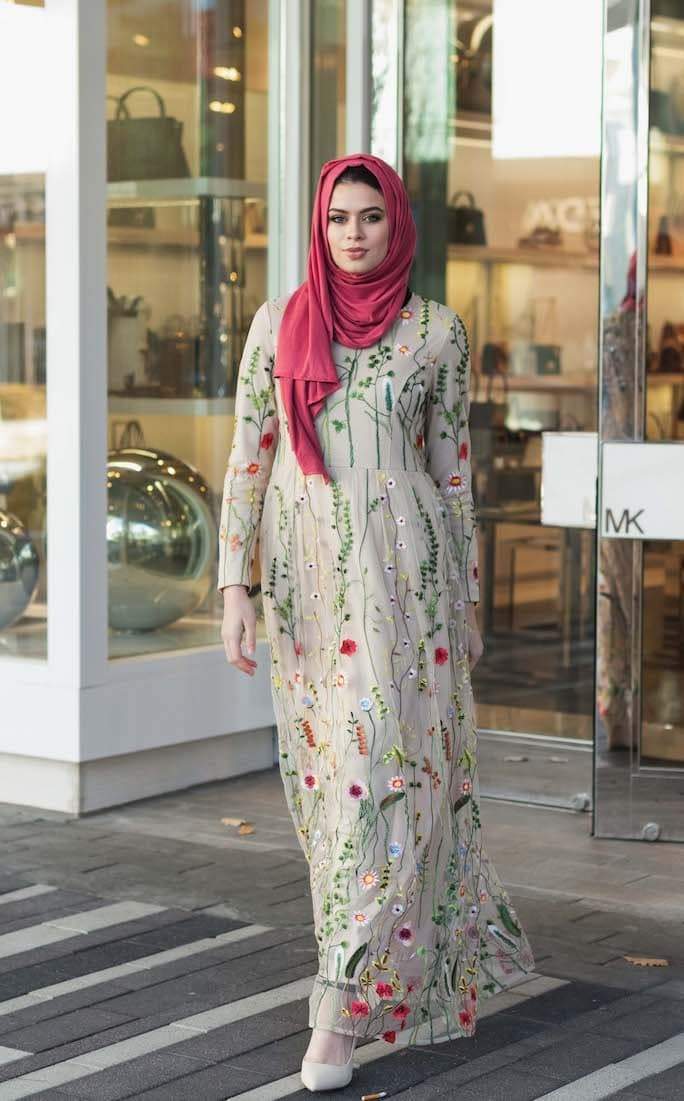 PRE-ORDER: Floral Embroidered Tulle Evening Dress - Nude - Dresses - Niswa Fashion - Third Culture Boutique