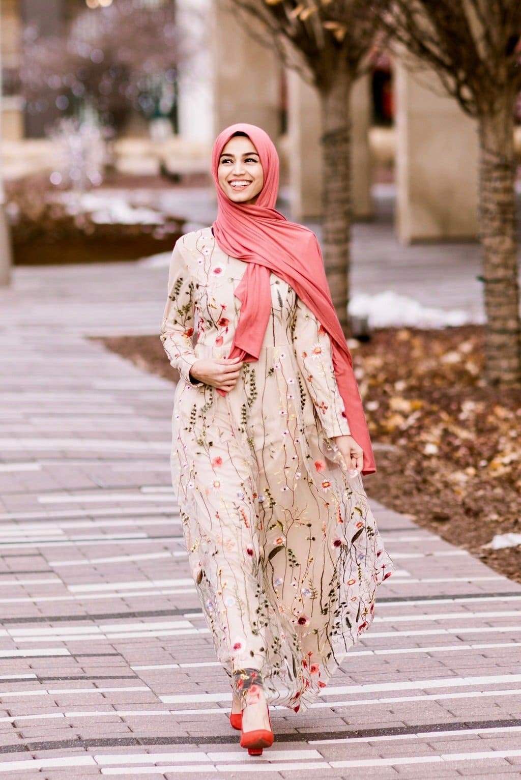 PRE-ORDER: Floral Embroidered Tulle Evening Dress - Nude - Dresses - Niswa Fashion - Third Culture Boutique
