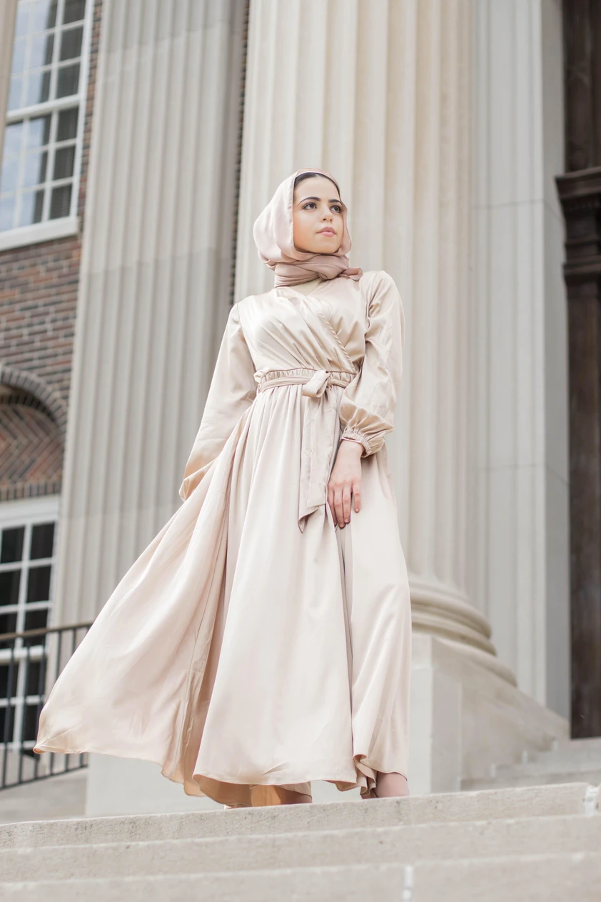 PRE-ORDER: Modest Satin Dress - Gold Champagne - Dresses - Niswa Fashion - Third Culture Boutique