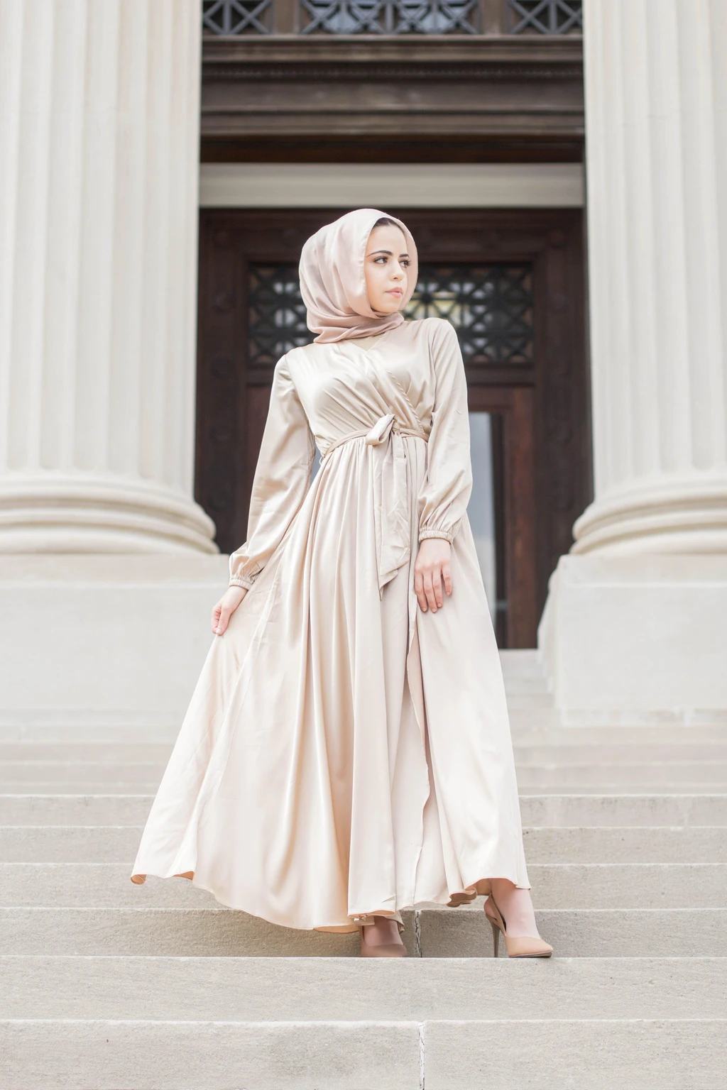 PRE-ORDER: Modest Satin Dress - Gold Champagne - Dresses - Niswa Fashion - Third Culture Boutique