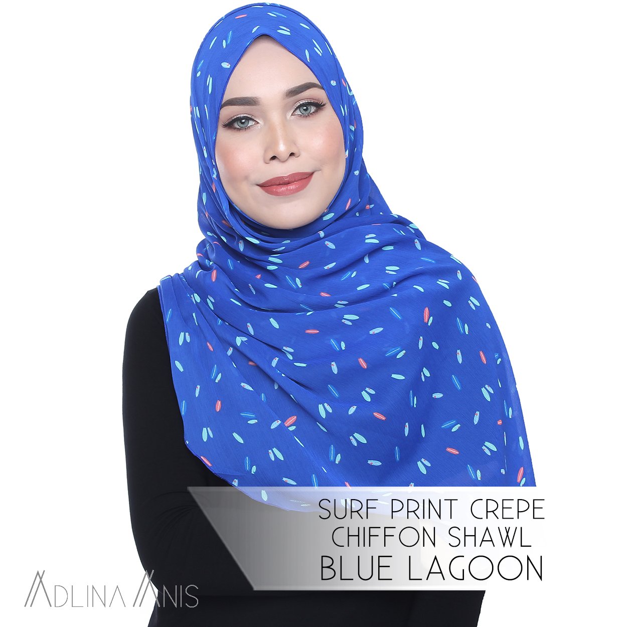 Surf Print Crepe Chiffon Shawl Onesie - Blue Lagoon - Instant Hijabs - Adlina Anis - Third Culture Boutique
