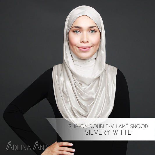 Slip-on Double-V Lamé Snood - Silvery White - Instant Hijabs - Adlina Anis - Third Culture Boutique