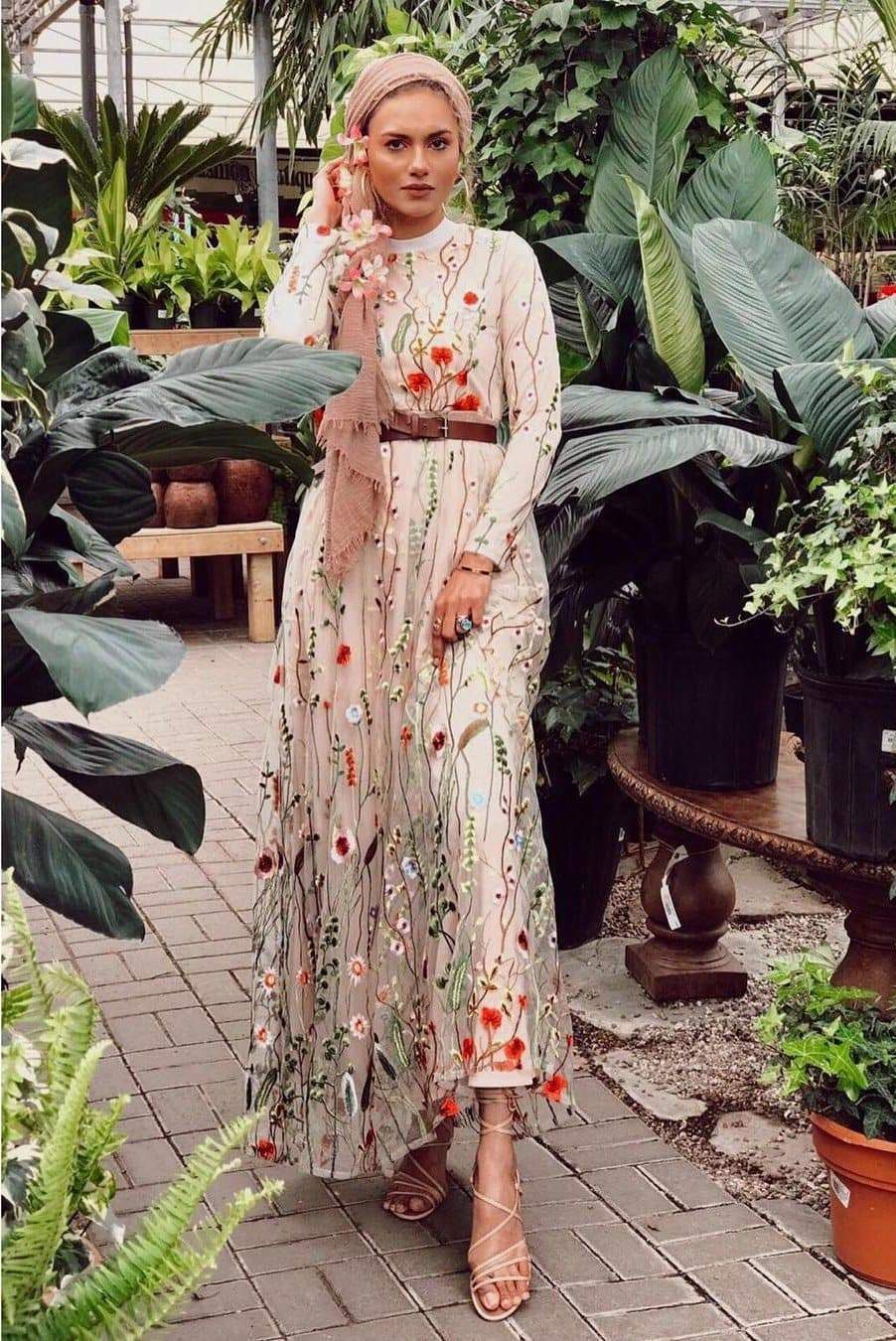 PRE-ORDER: Floral Embroidered Tulle Evening Dress - Nude - Dresses - Niswa Fashion - Third Culture Boutique