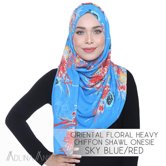 Oriental Floral Heavy Chiffon Shawl Onesie - Sky Blue/Red - Instant Hijabs - Adlina Anis - Third Culture Boutique