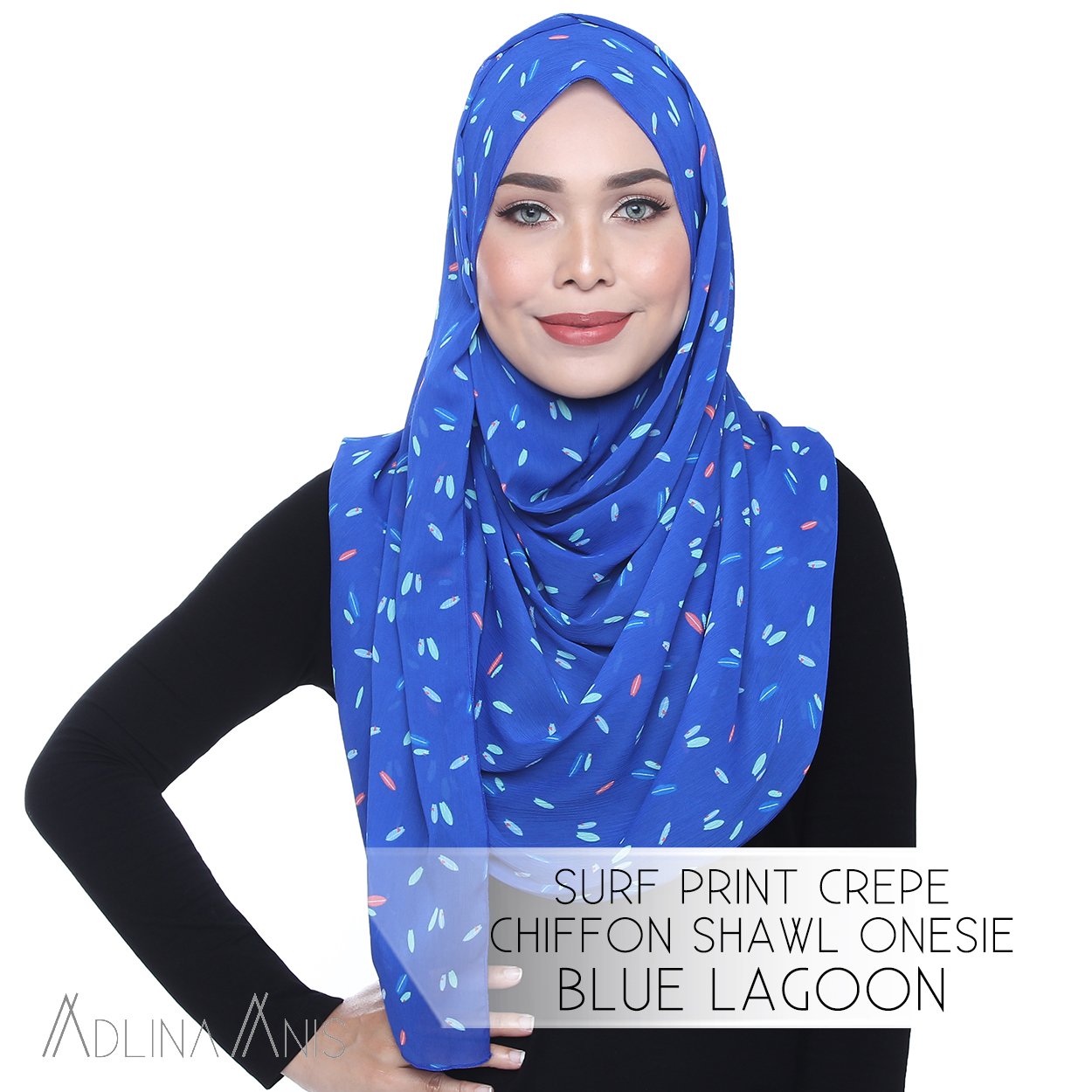Surf Print Crepe Chiffon Shawl Onesie - Blue Lagoon - Instant Hijabs - Adlina Anis - Third Culture Boutique