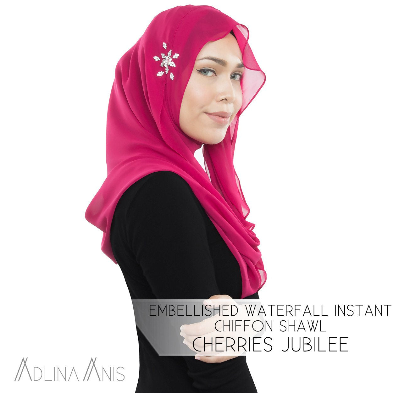 Embellished Waterfall Instant Chiffon Shawl - Cherries Jubilee - Instant Hijabs - Adlina Anis - Third Culture Boutique