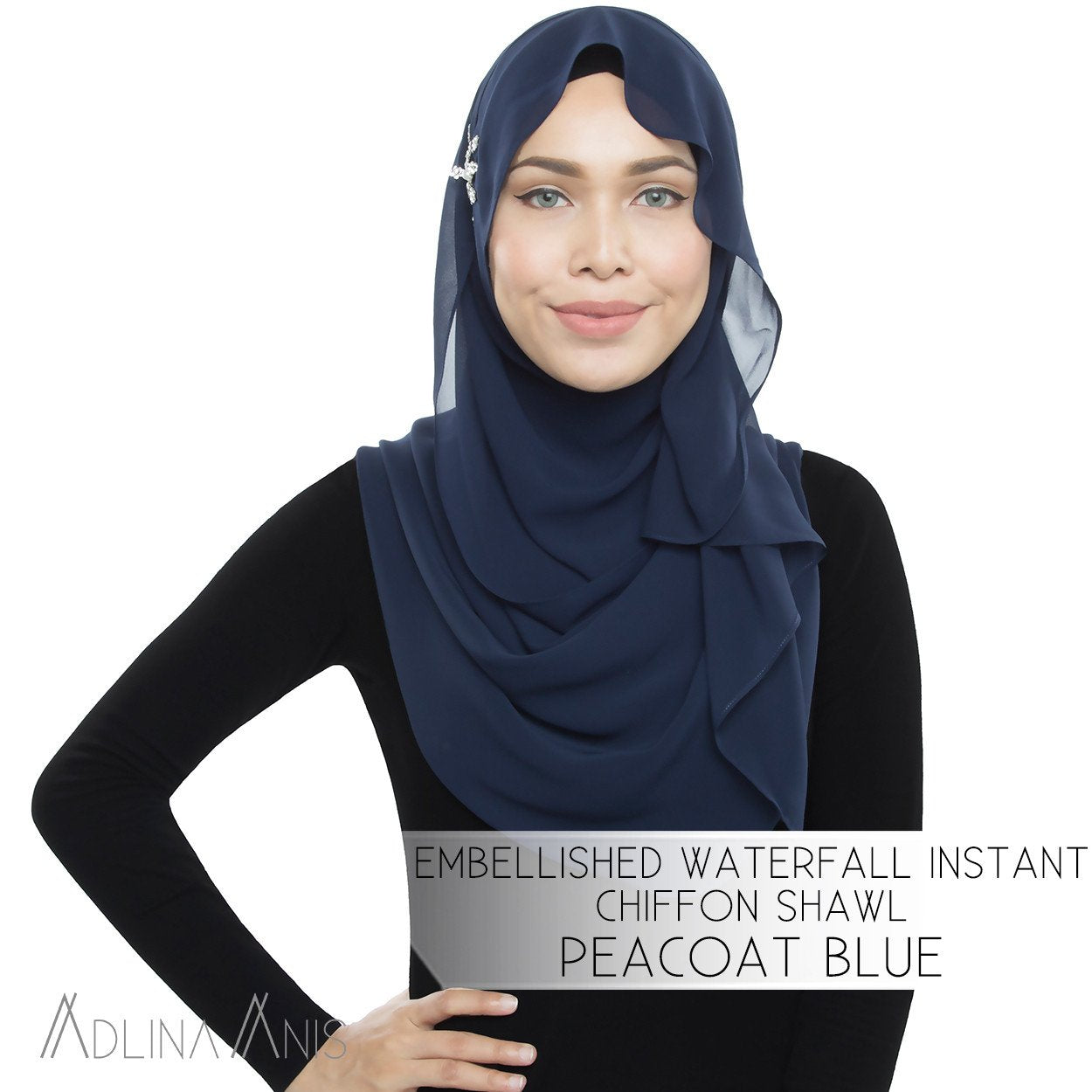 Embellished Waterfall Instant Chiffon Shawl - Peacoat Blue - Instant Hijabs - Adlina Anis - Third Culture Boutique